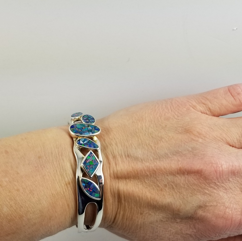 Australian Opal Mosaic Sterling Cuff Bracelet - Picture 5 of 8